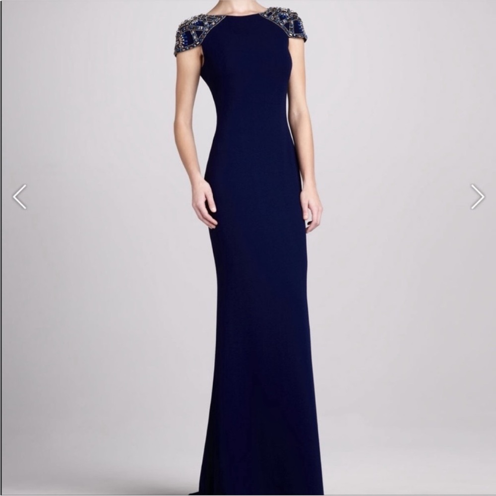 JS Boutique Navy Blue Jewel beaded cap sleeve gown | size 4